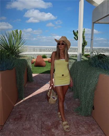 Two-Tone Strapless Ribbed Belt Mini Dress