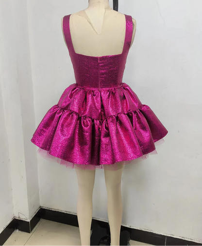 Sling Square Neck Ball Gown Fuchsia Mini Dress