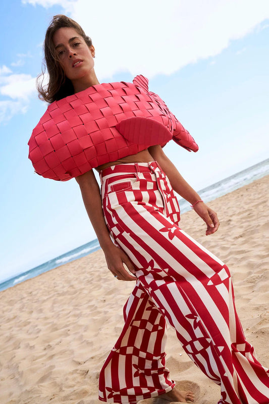 Fish Print Striped Wide Leg Pants