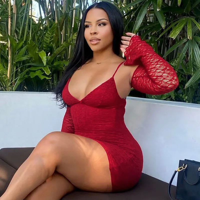 Lace Long Sleeve Backless Mini Dress