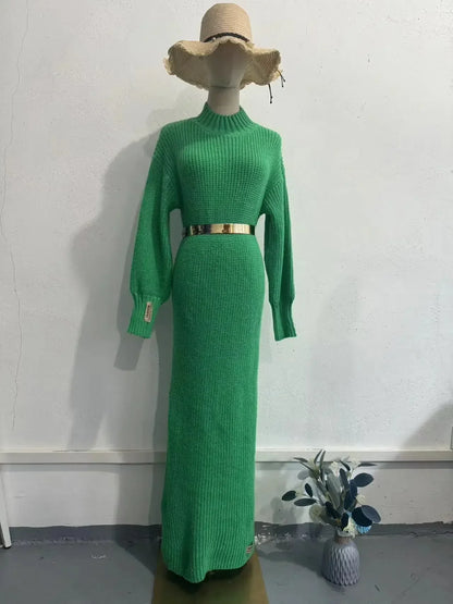 Turtleneck Pullover Solid Sweater Dress With Belt