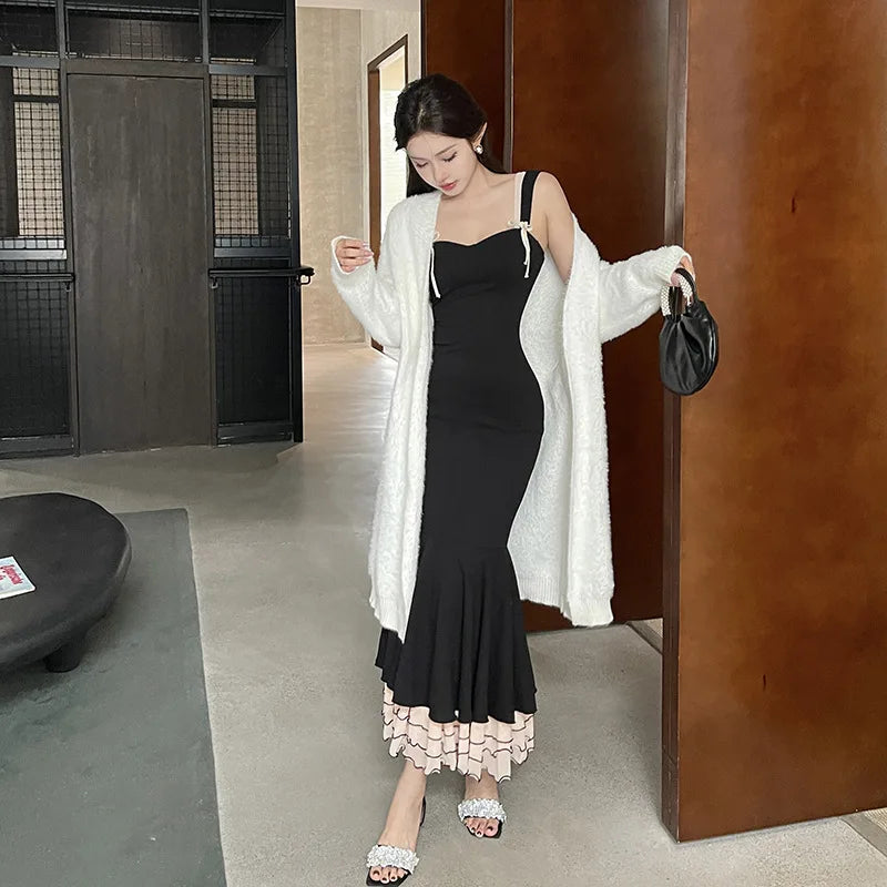 Black Ruffle Trim Fishtail Midi Dress