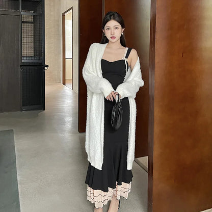 Black Ruffle Trim Fishtail Midi Dress