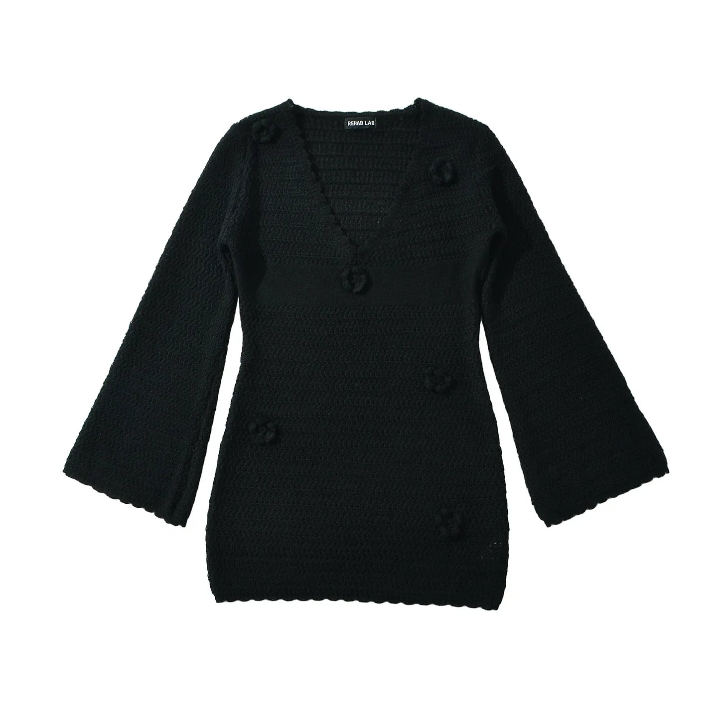 3D Flower Hand Crotch Full Flare Sleeve Sweater Dress