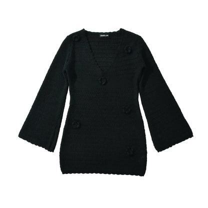 3D Flower Hand Crotch Full Flare Sleeve Sweater Dress