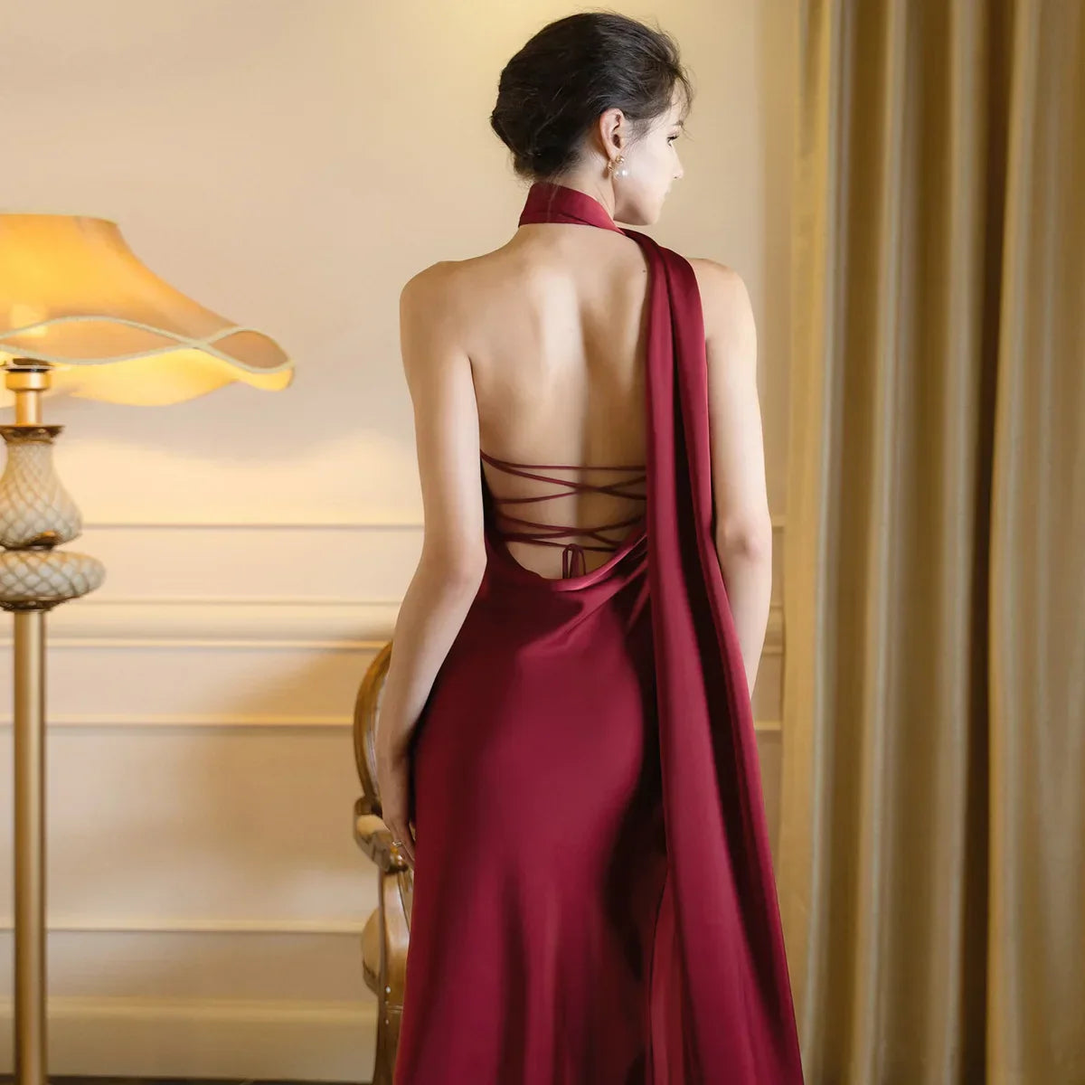 Satin Backless Halter Ribbon Black Maxi Dress