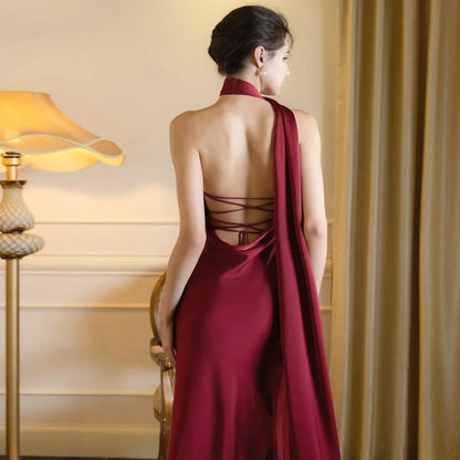 Satin Backless Halter Ribbon Black Maxi Dress