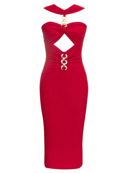 Red Metal Strapless Design Bodycon Midi Dress