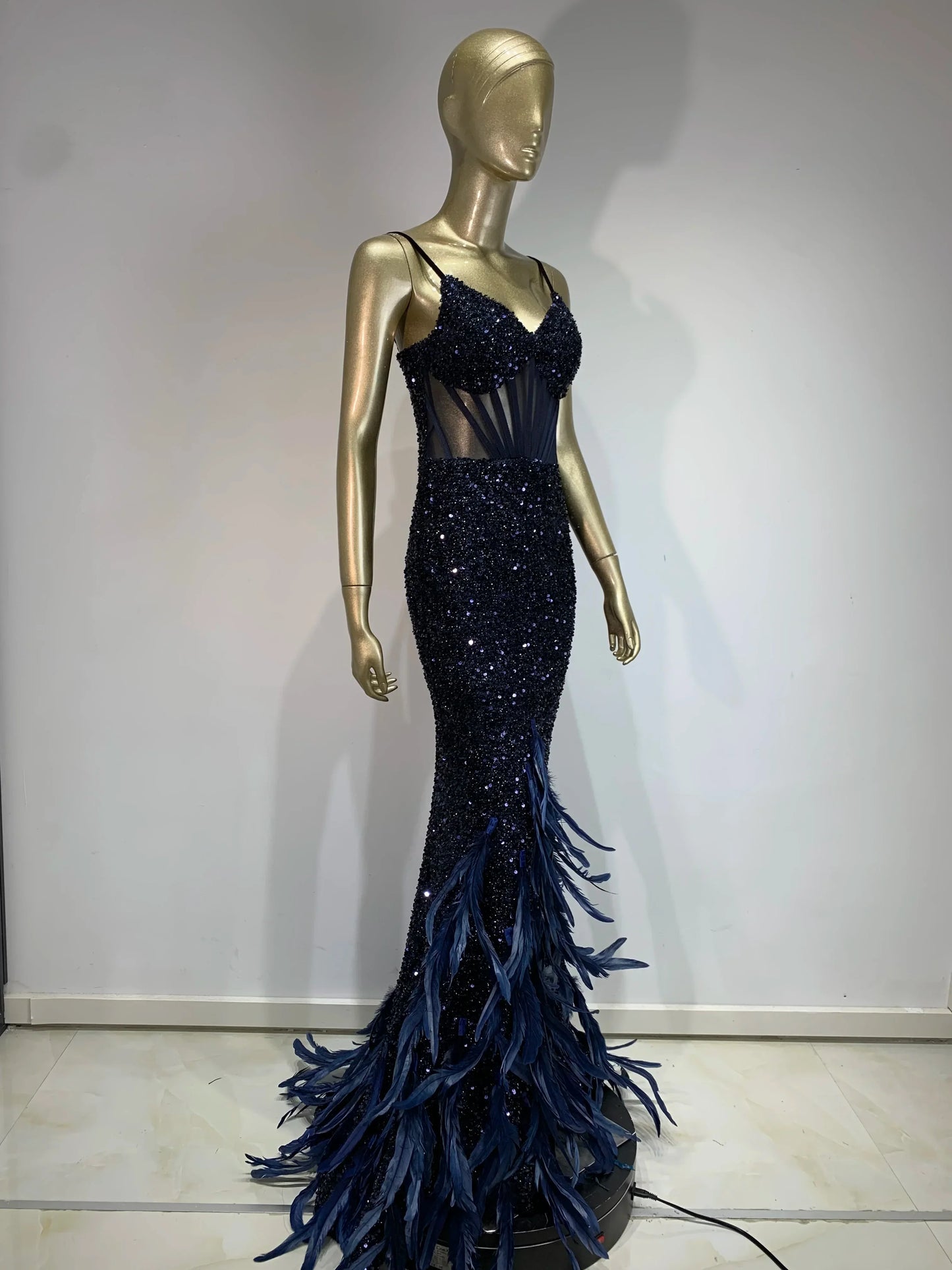 Mesh Sequins Blue Feather Long Dress