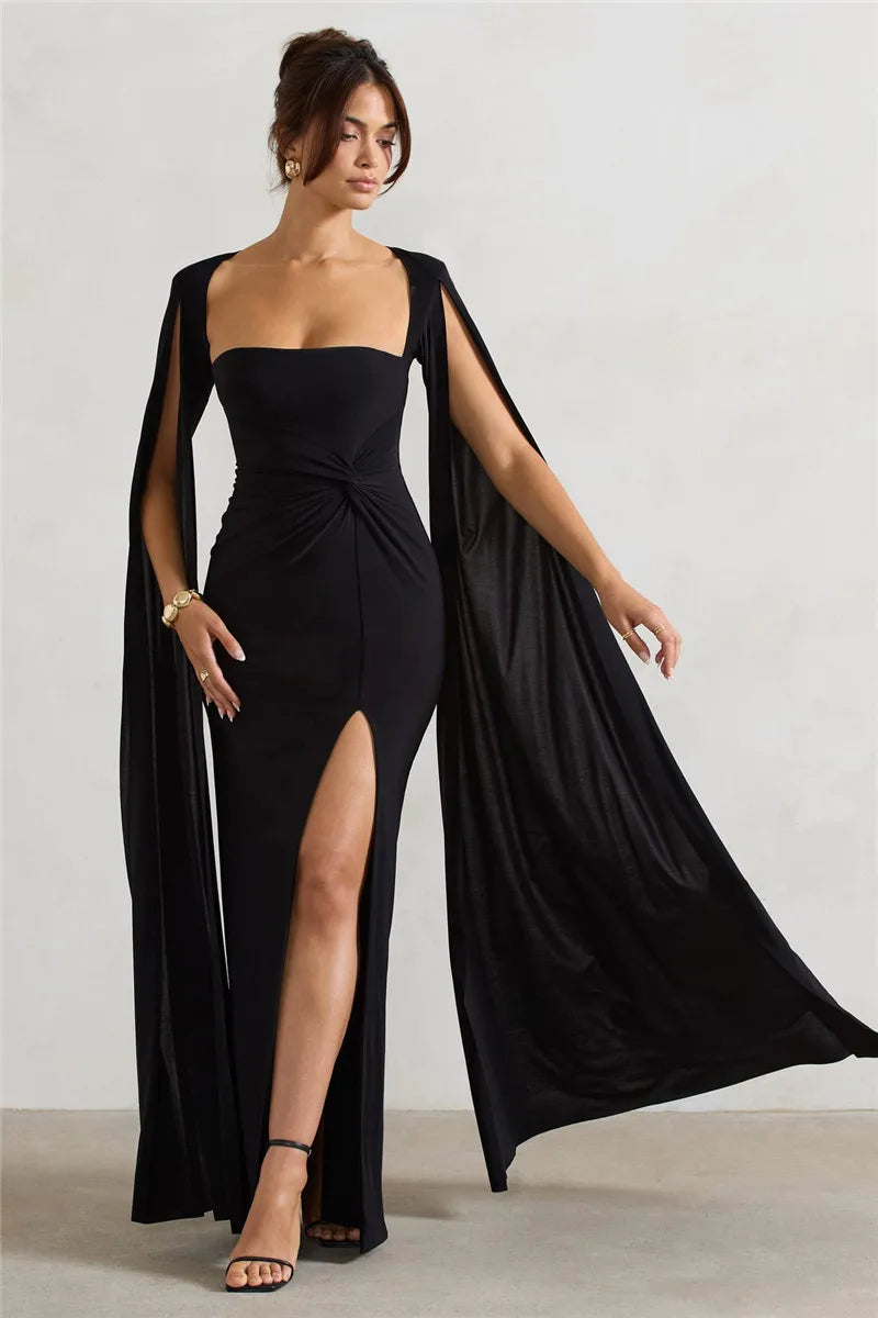 Elegant Cape Sleeve Maxi Dress with High Split