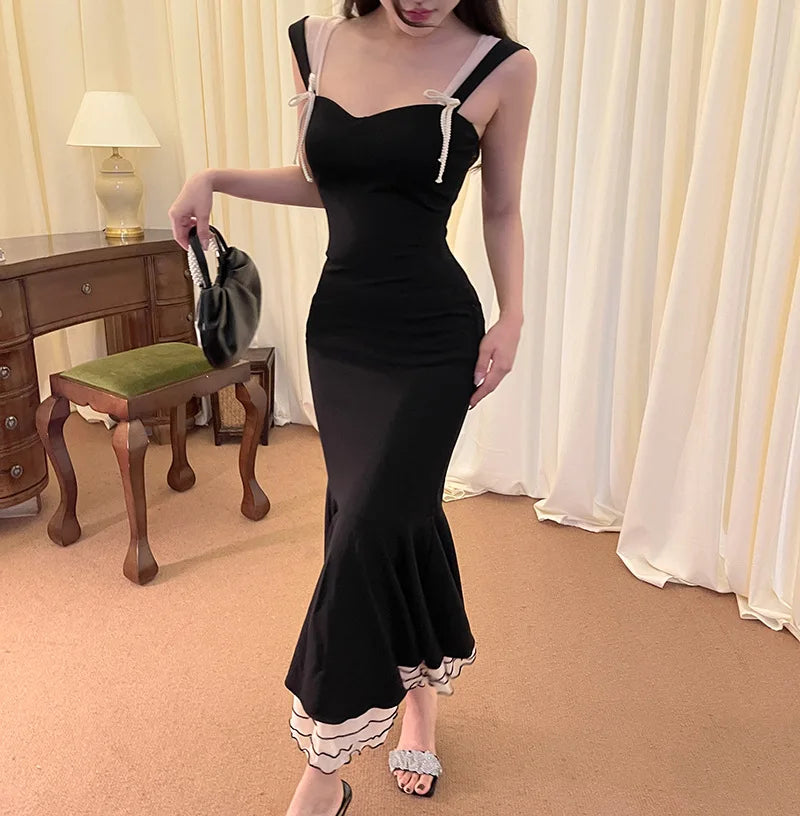 Black Ruffle Trim Fishtail Midi Dress