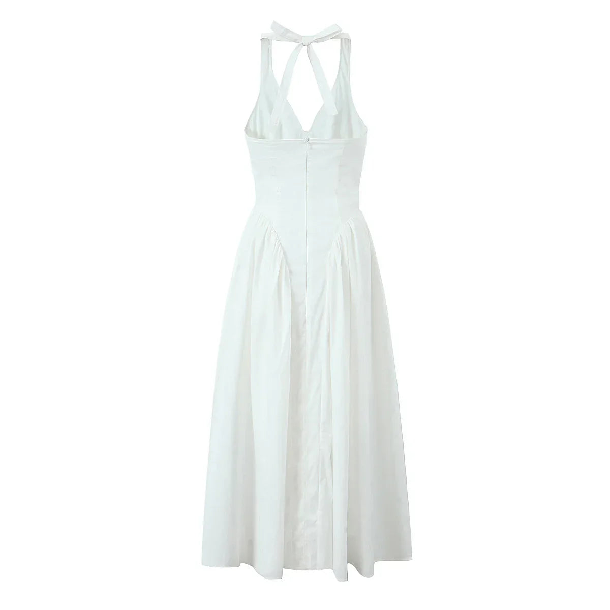White Bow Halter Neck Pleated Midi Dress