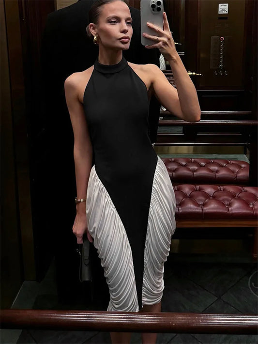 Patchwork Halter Backless Contrast Pleated Midi Dress