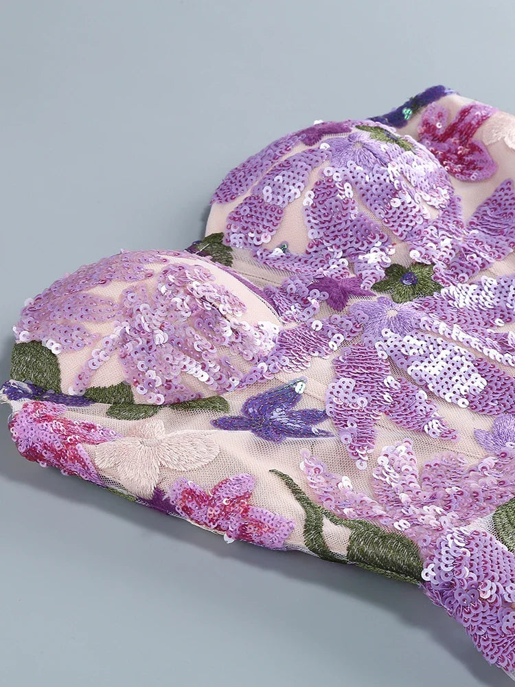 Floral-Embellished Sequin Lavender Ankle Length Dress