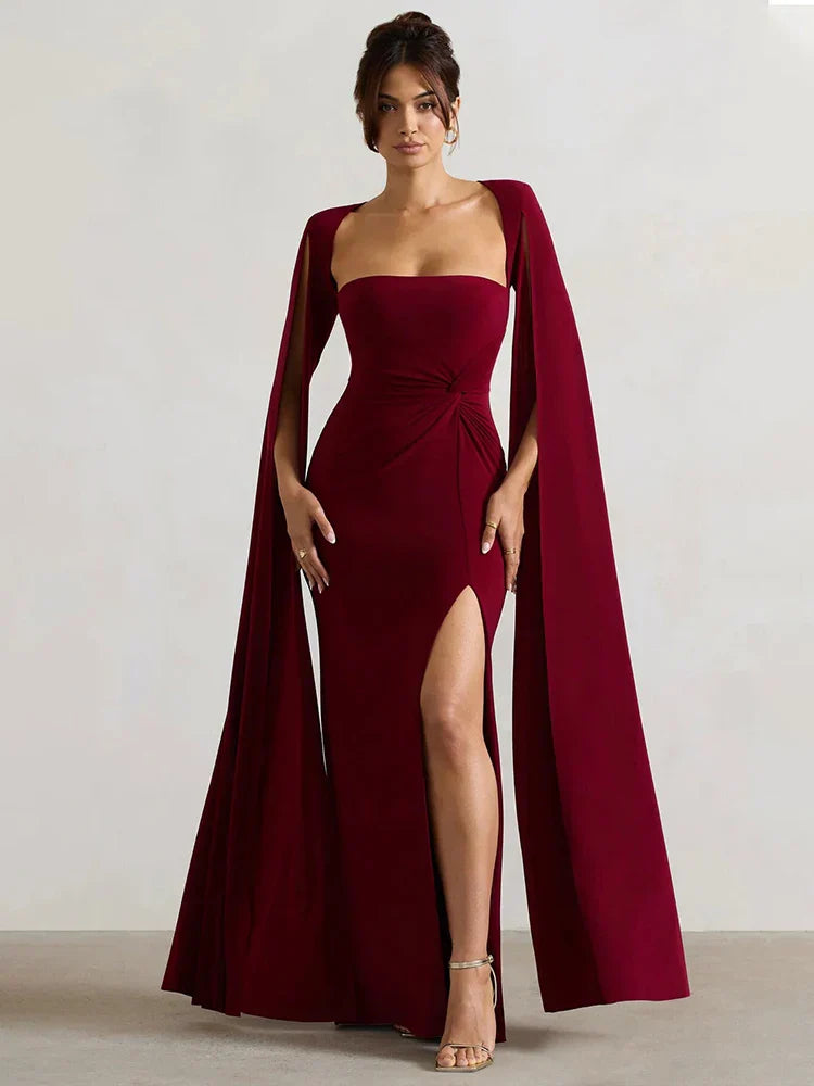 Elegant Cape Sleeve Maxi Dress with High Split