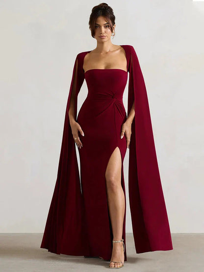 Elegant Cape Sleeve Maxi Dress with High Split