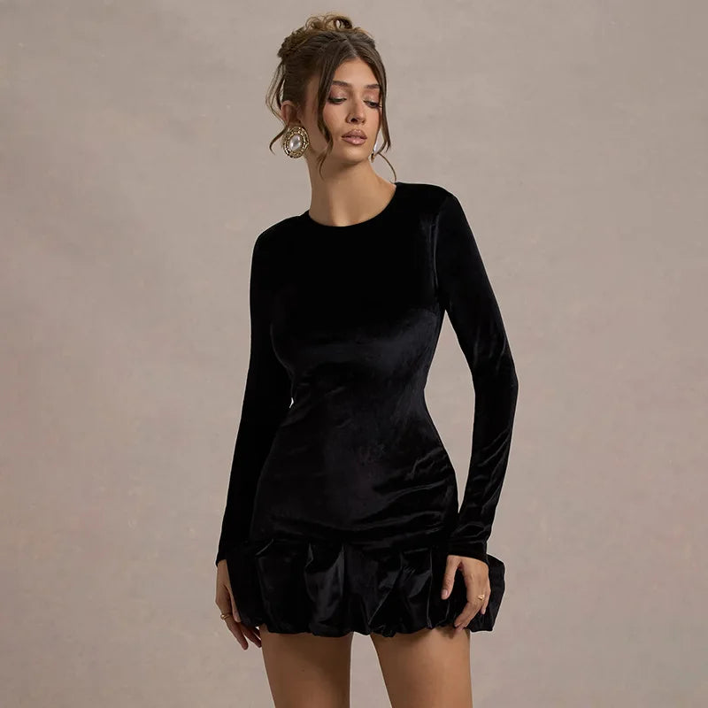 Velvet 3D Pleated Hem Long Sleeve Dress