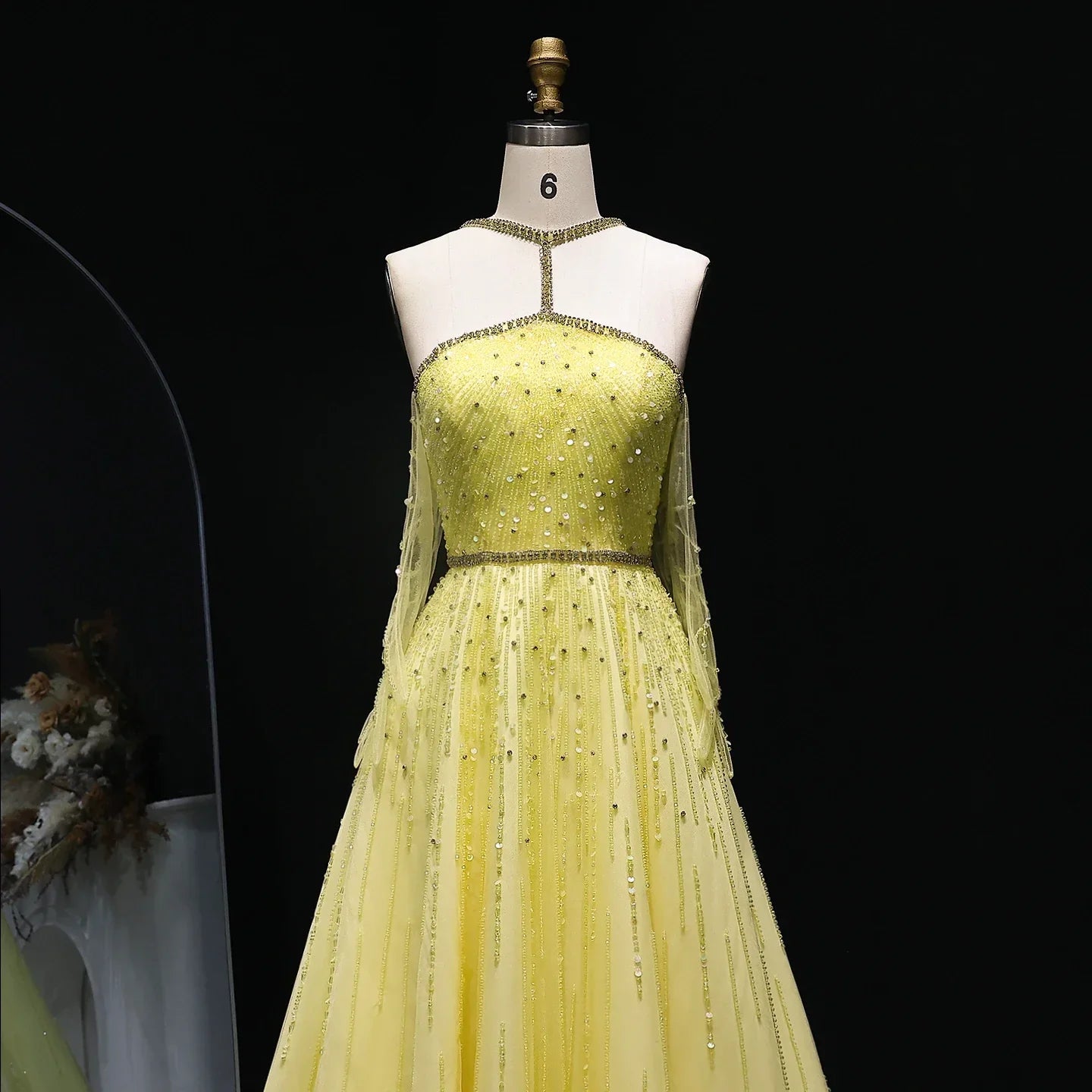 Beaded Yellow Halter Evening Dress with Gloves