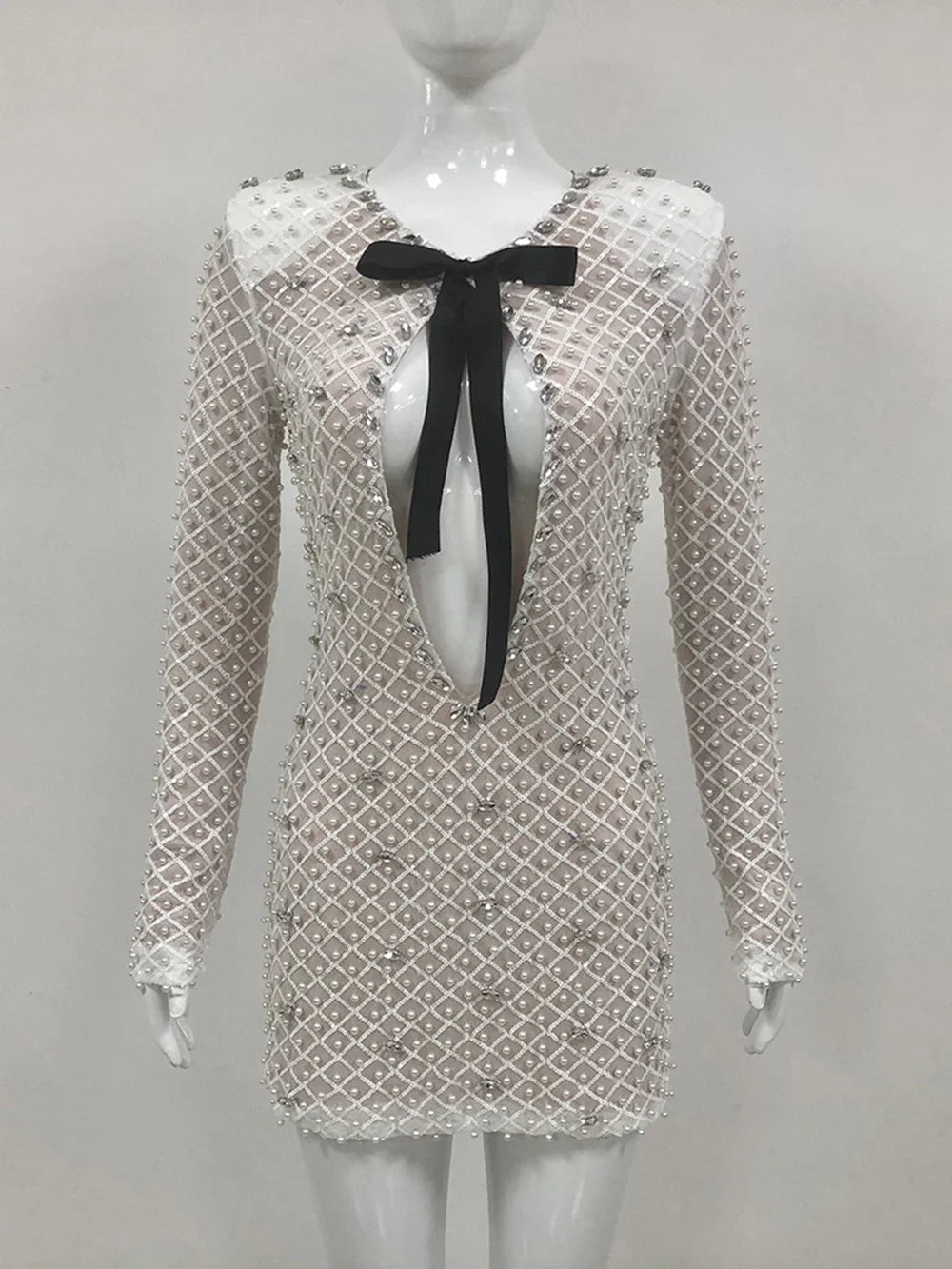 Pearl Sequin Mini Long Sleeve Party Dress