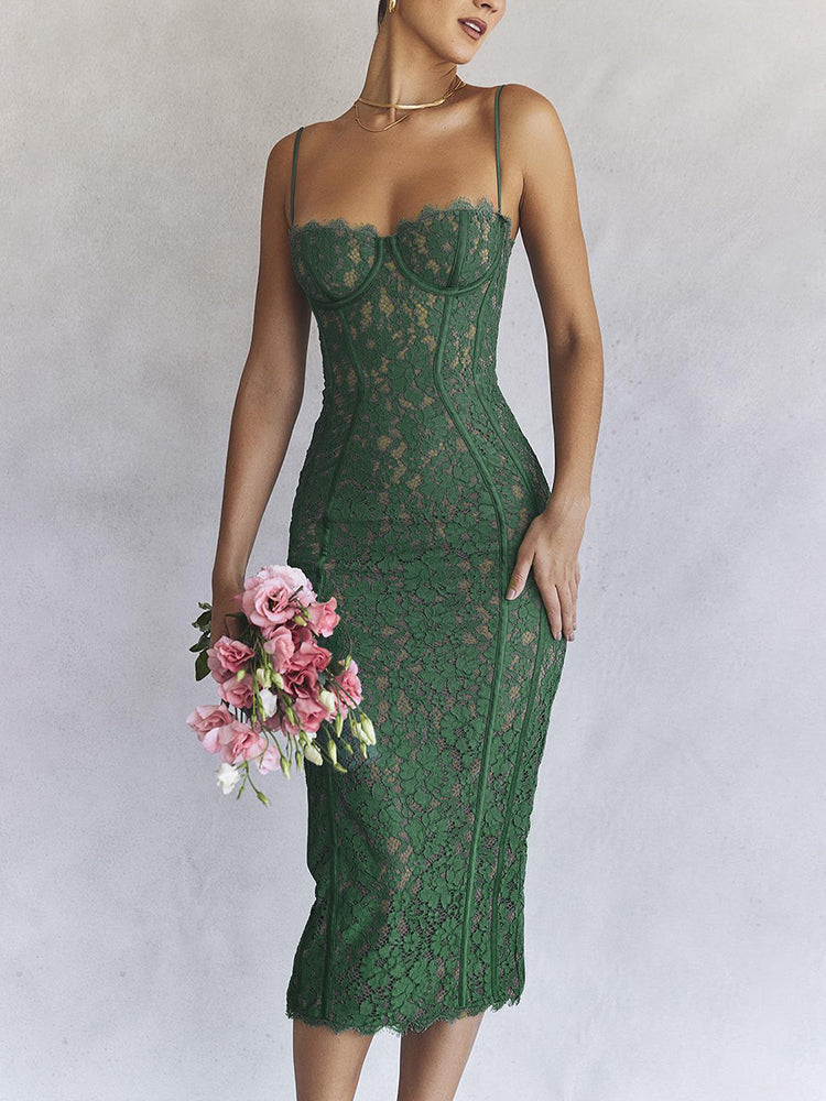 Spaghetti Strap Midi Green Dress