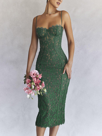 Spaghetti Strap Midi Green Dress