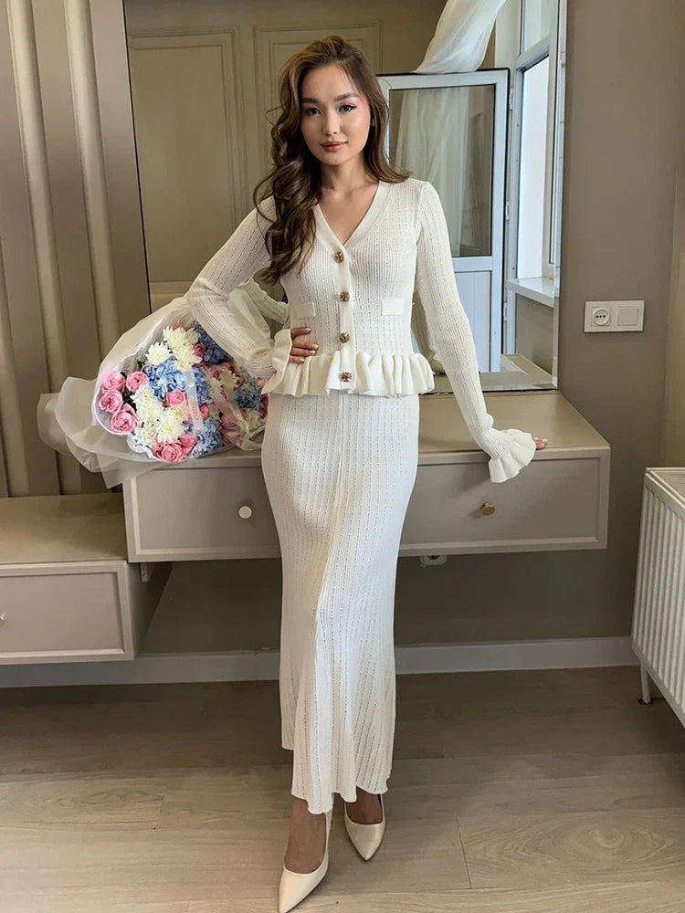 Ruffle Knitted Long Sleeve Mermaid Midi Dress