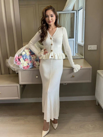 Ruffle Knitted Long Sleeve Mermaid Midi Dress