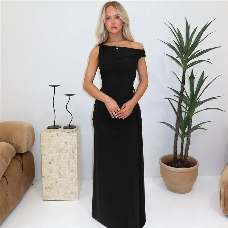 Oblique Shoulder Backless Maxi Dress