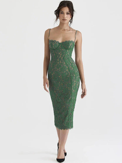 Spaghetti Strap Midi Green Dress