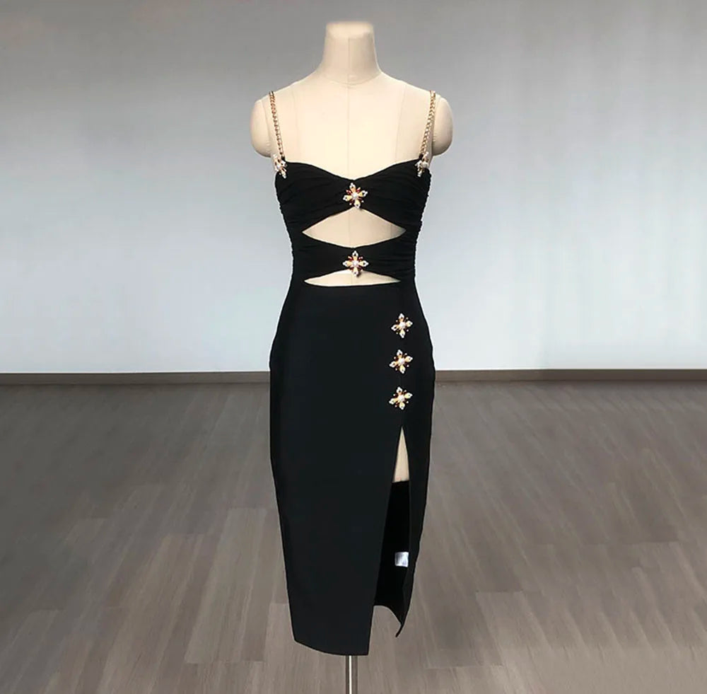 Black Metal Cross Brooch Design Strap Bandage Slit Midi Dress