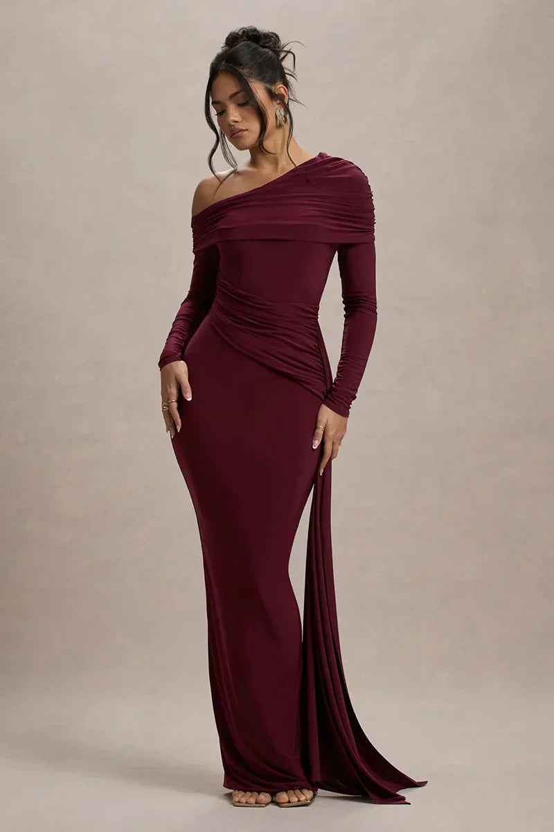 Skew Collar Long Sleeve Maxi Dress