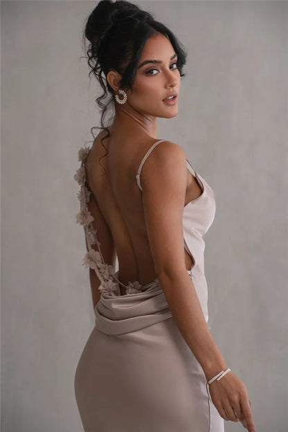 3D Flower Draped Open Back Maxi Dress