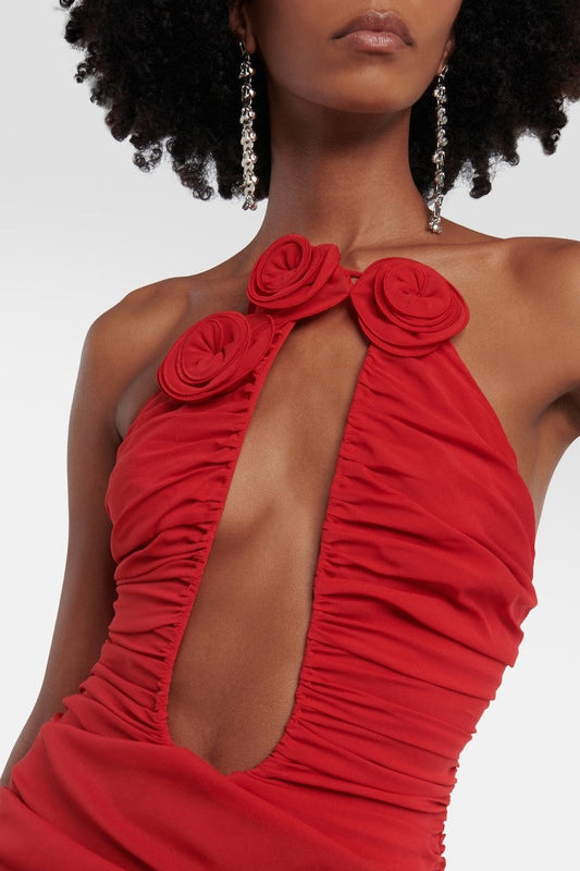 Sarah Ruched Plunge Flower Strapless Mini Dress