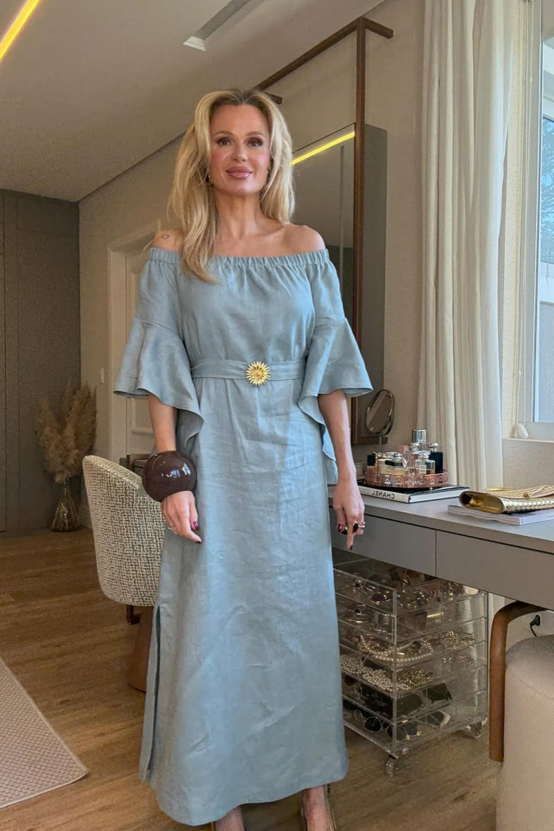 Soft Blue Off-Shoulder Maxi Dress with Ruffle Sleeves