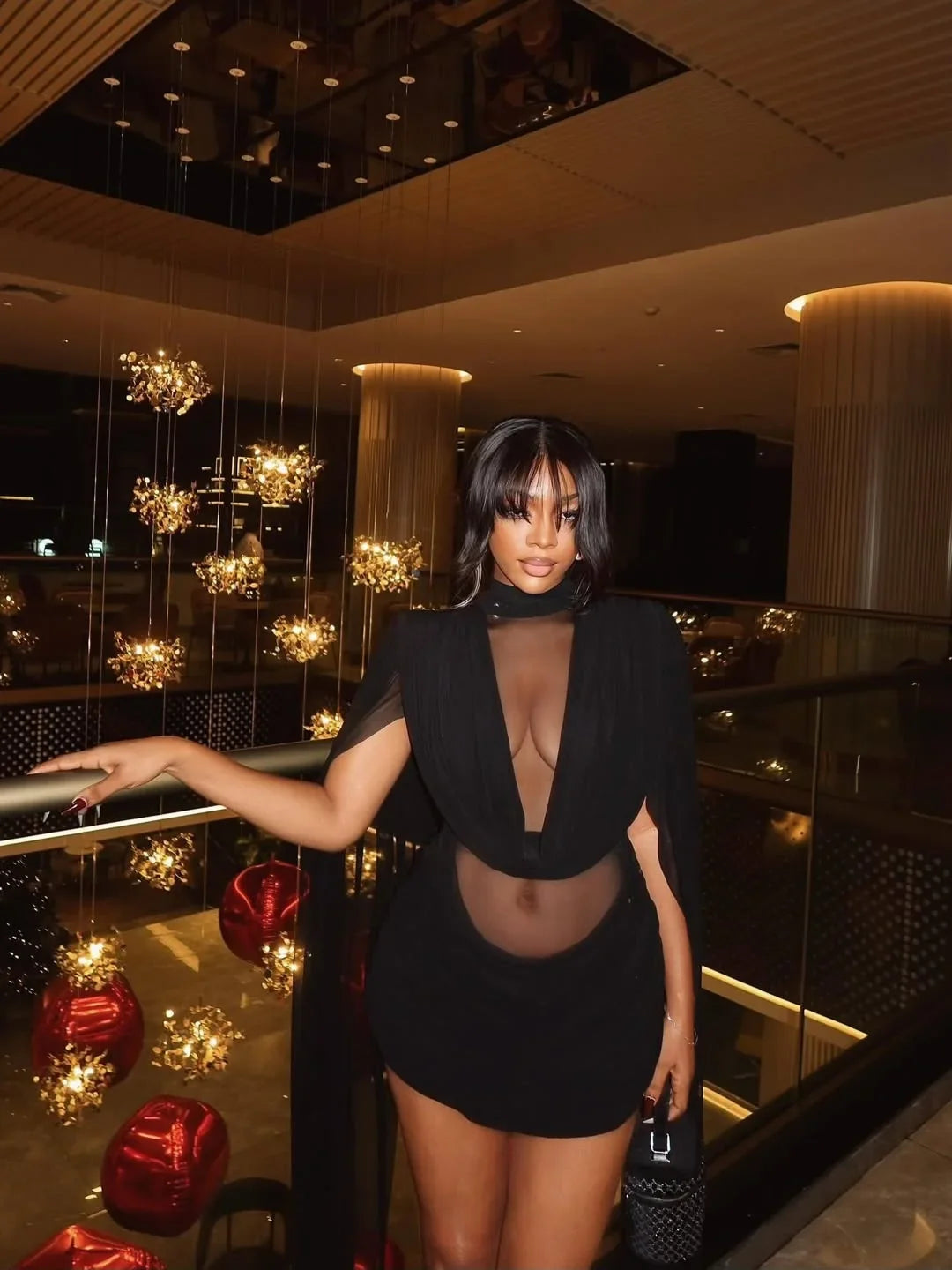 Black Sheer High-Neck Mini Dress with Cape Sleeves