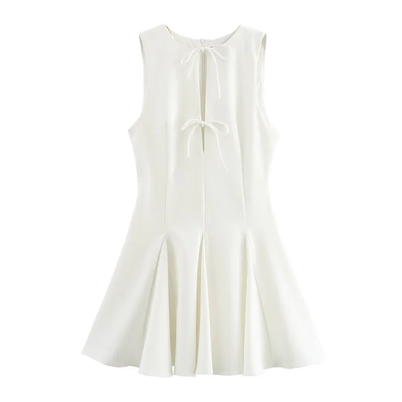 Hollow Out Bow Solid Sleeveless Pleated Dress