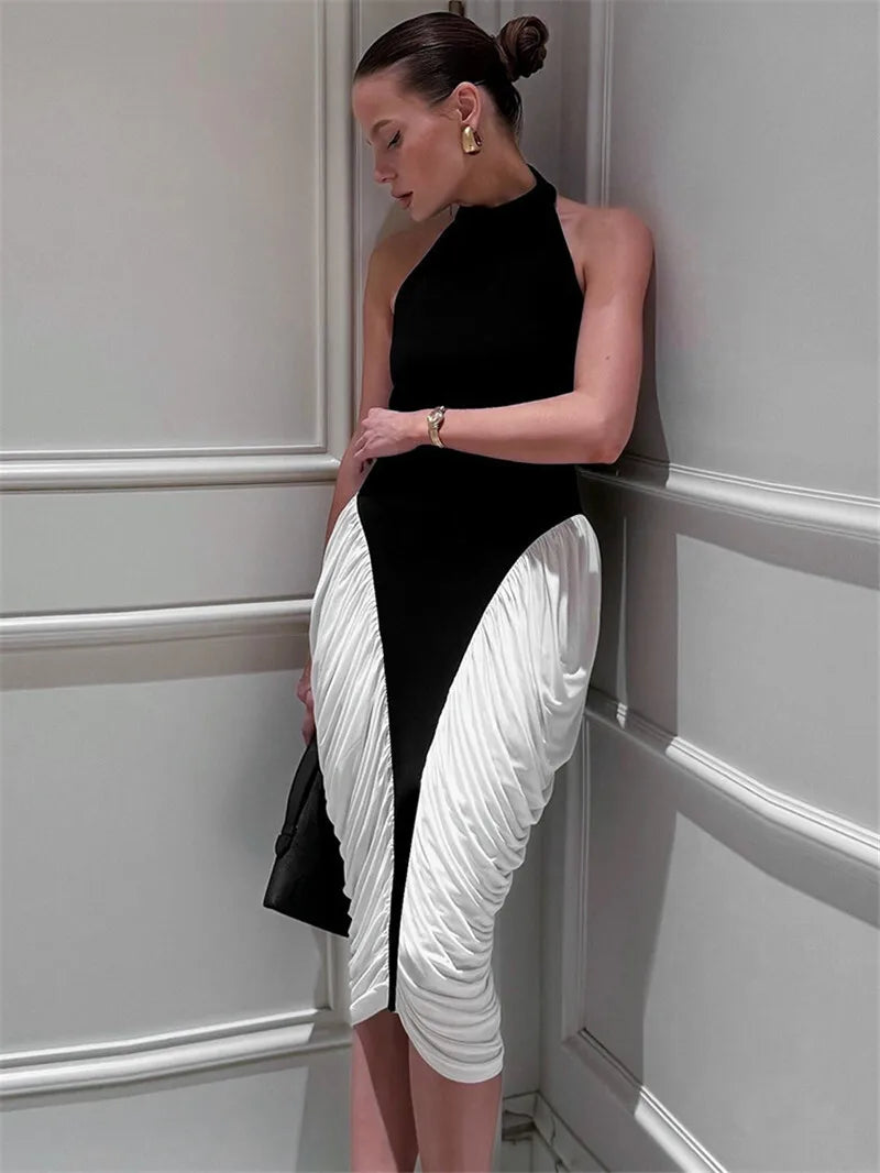 Patchwork Halter Backless Contrast Pleated Midi Dress