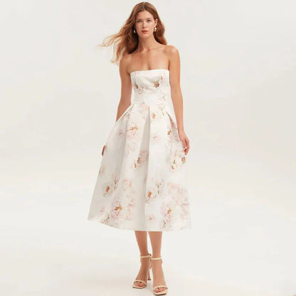Floral printed strapless back tied rope dress