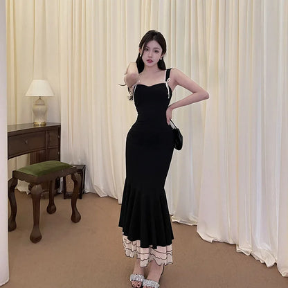 Black Ruffle Trim Fishtail Midi Dress