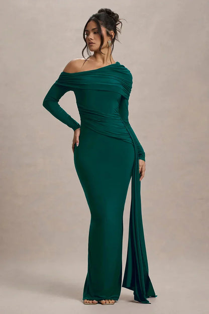 Skew Collar Long Sleeve Maxi Dress