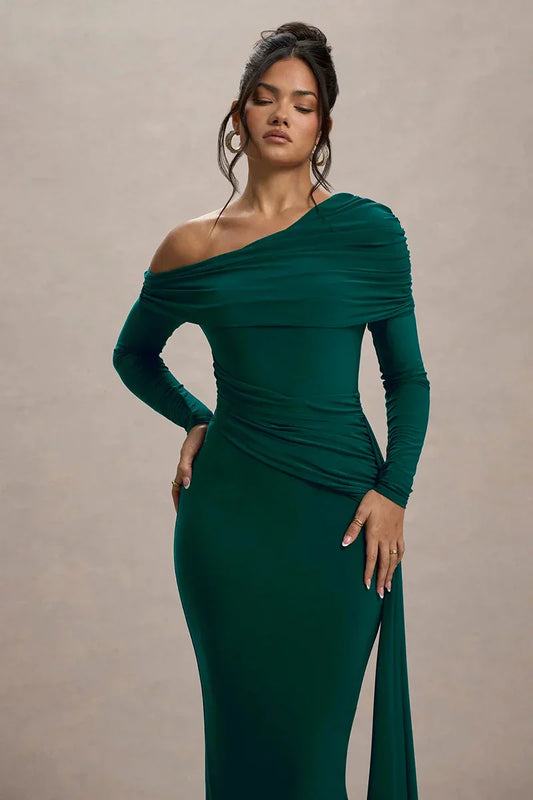 Skew Collar Long Sleeve Maxi Dress