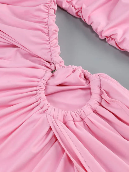 Pink Hollow Out Long Sleeved V-Neck Mini Dress