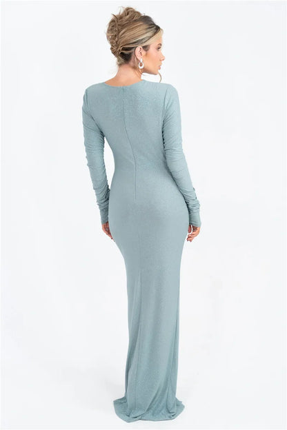 Long Sleeve Ruched Maxi Dress with Thigh-High Split