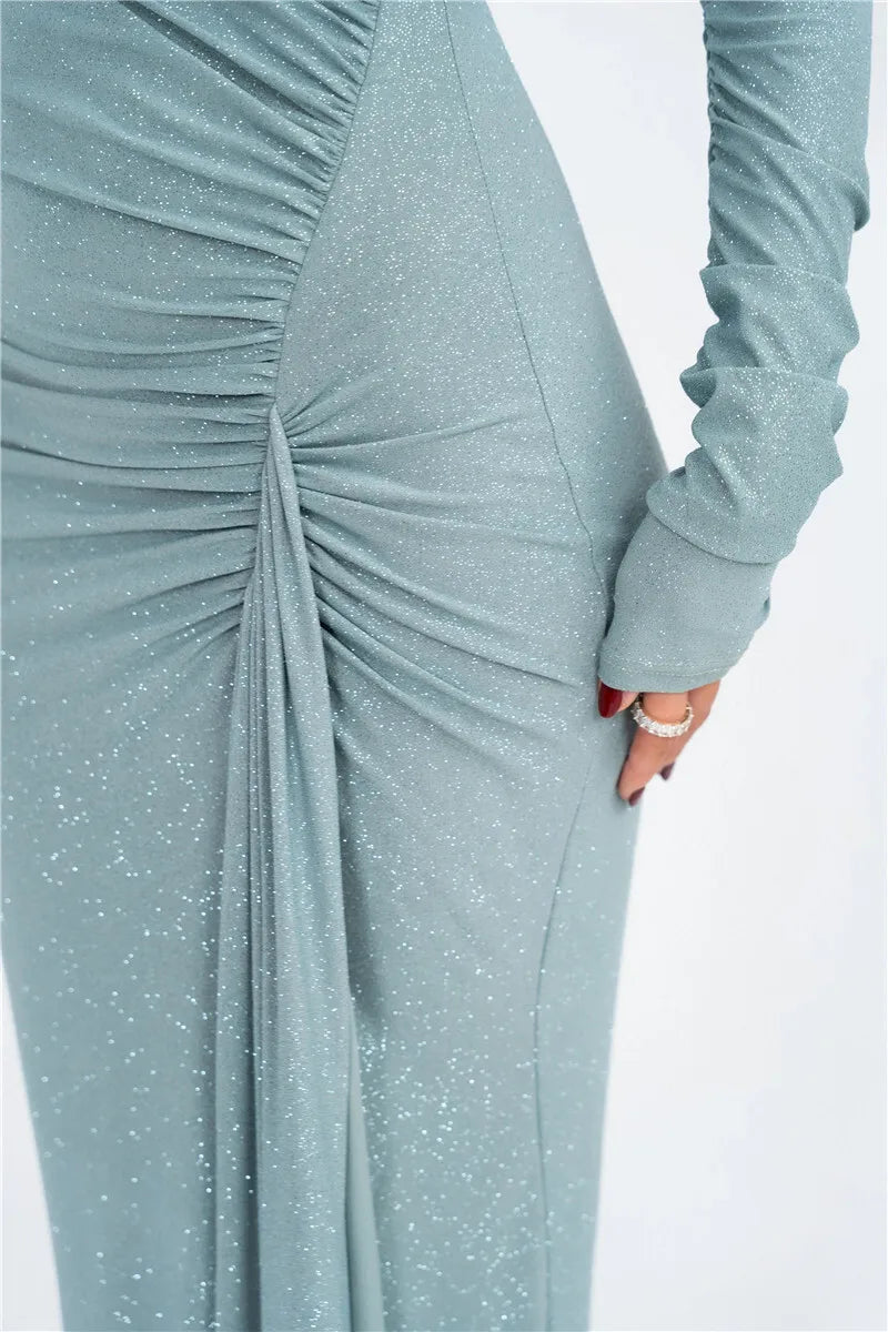 Long Sleeve Ruched Maxi Dress with Thigh-High Split