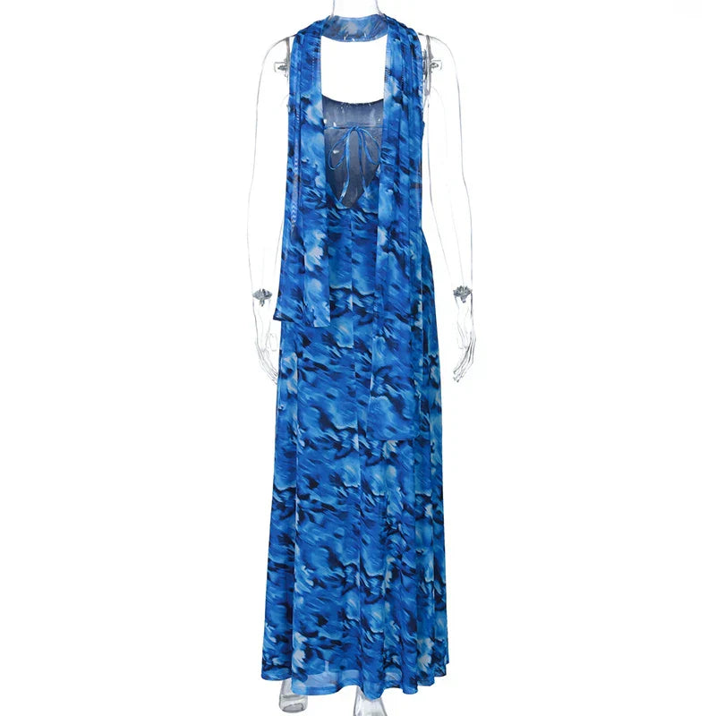Halter Backless Blue Printed Lace-up Long Dress