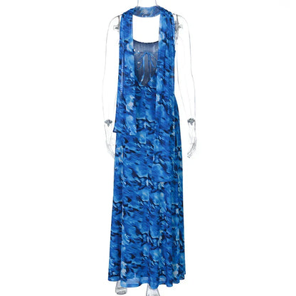Halter Backless Blue Printed Lace-up Long Dress