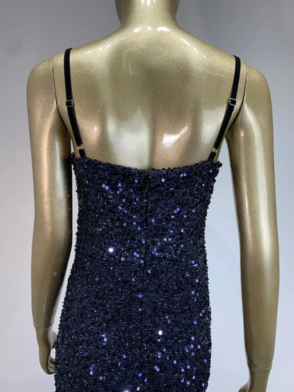 Mesh Sequins Blue Feather Long Dress