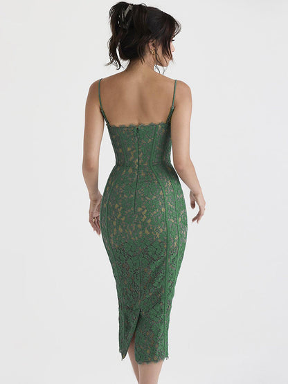 Spaghetti Strap Midi Green Dress