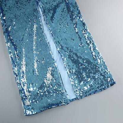 High neck bead wrapped hip skirt slit sequin dress