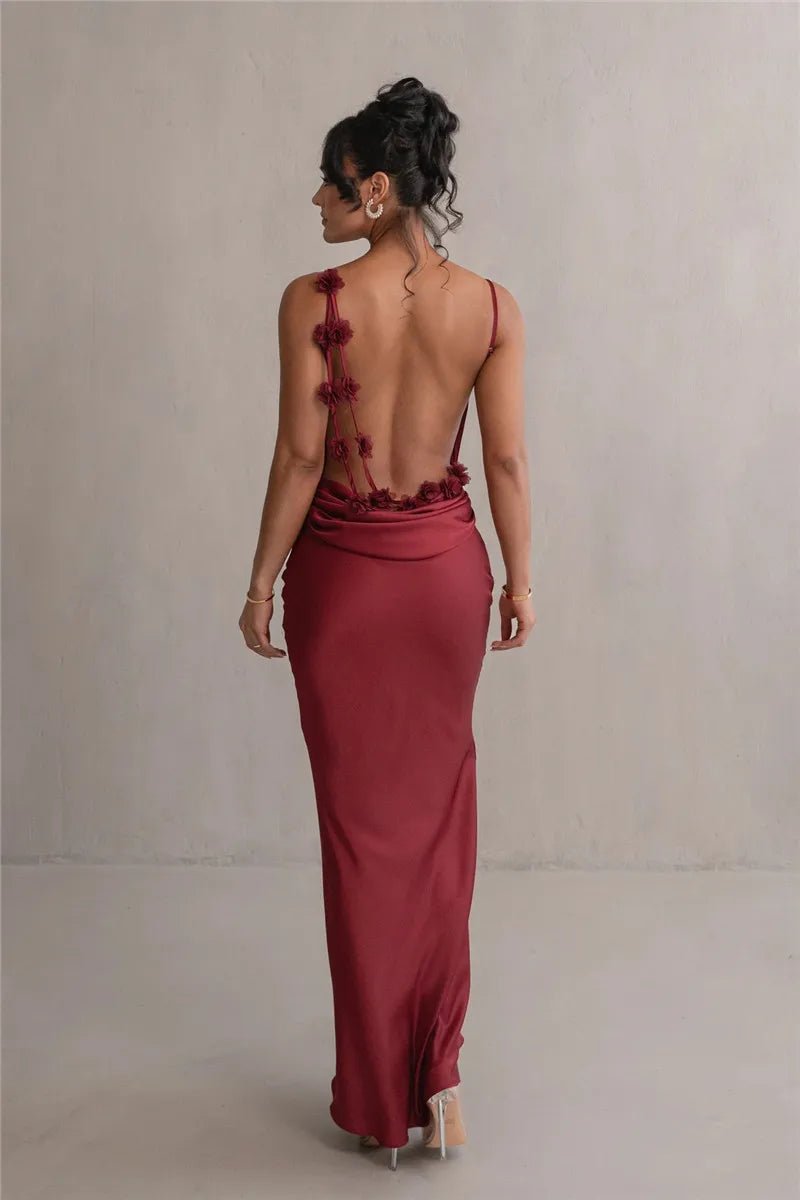 3D Flower Draped Open Back Maxi Dress